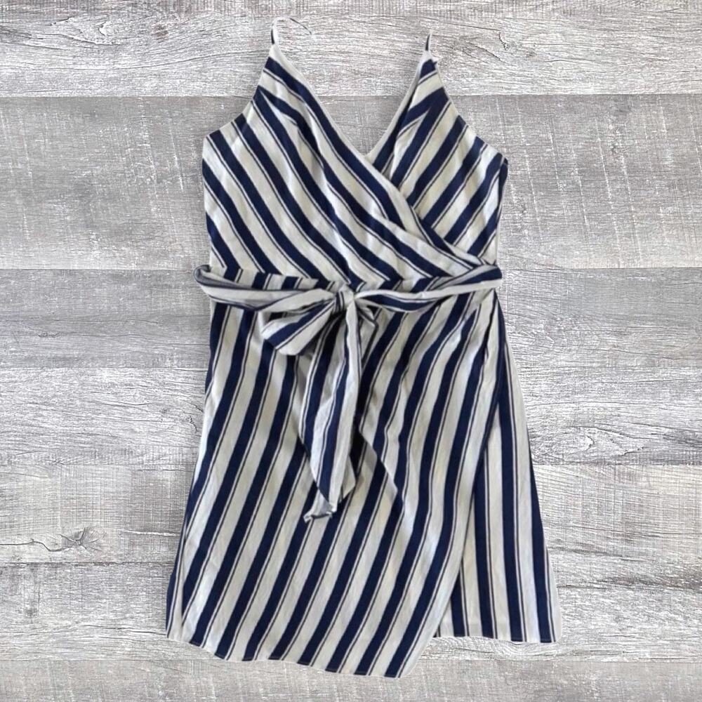 Essue Faux Wrap Cami V Neck Mini Dress Womens M Blue White Striped Coastal Beach